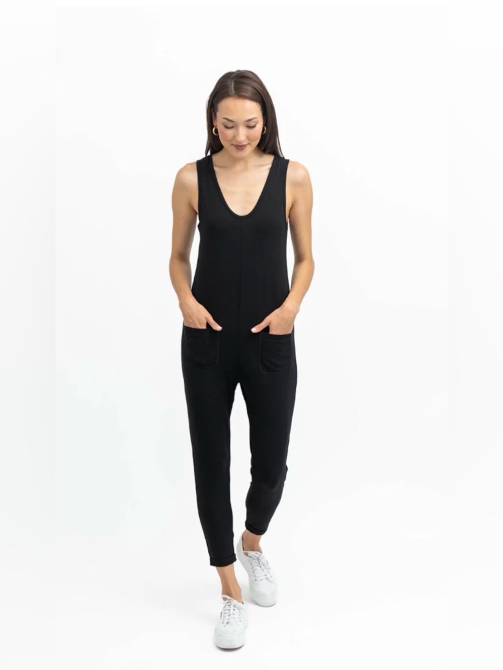 Smash + Tess Black Sleeveless Scoop-Neck Jumpsuit with Front Pockets
